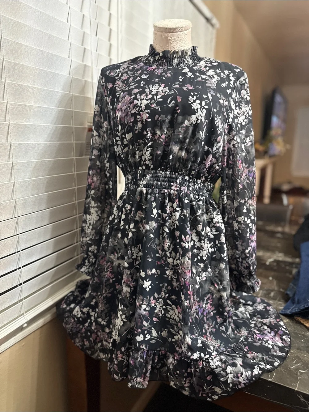 J. Crew Black Floral Long-Sleeve Smocked-Waist Dress